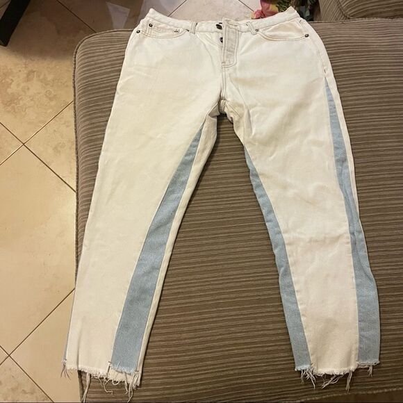 Topman tapered Light Wash blue side Textured Raw Hem Jeans 32s - Picture 3 of 8